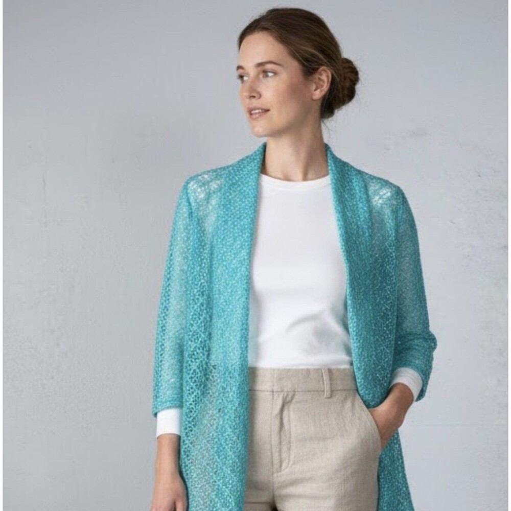 Vintage Notations Open Knit Cardigan 3/4 Sleeve Sequins Sheer Aqua Sz Small Boho